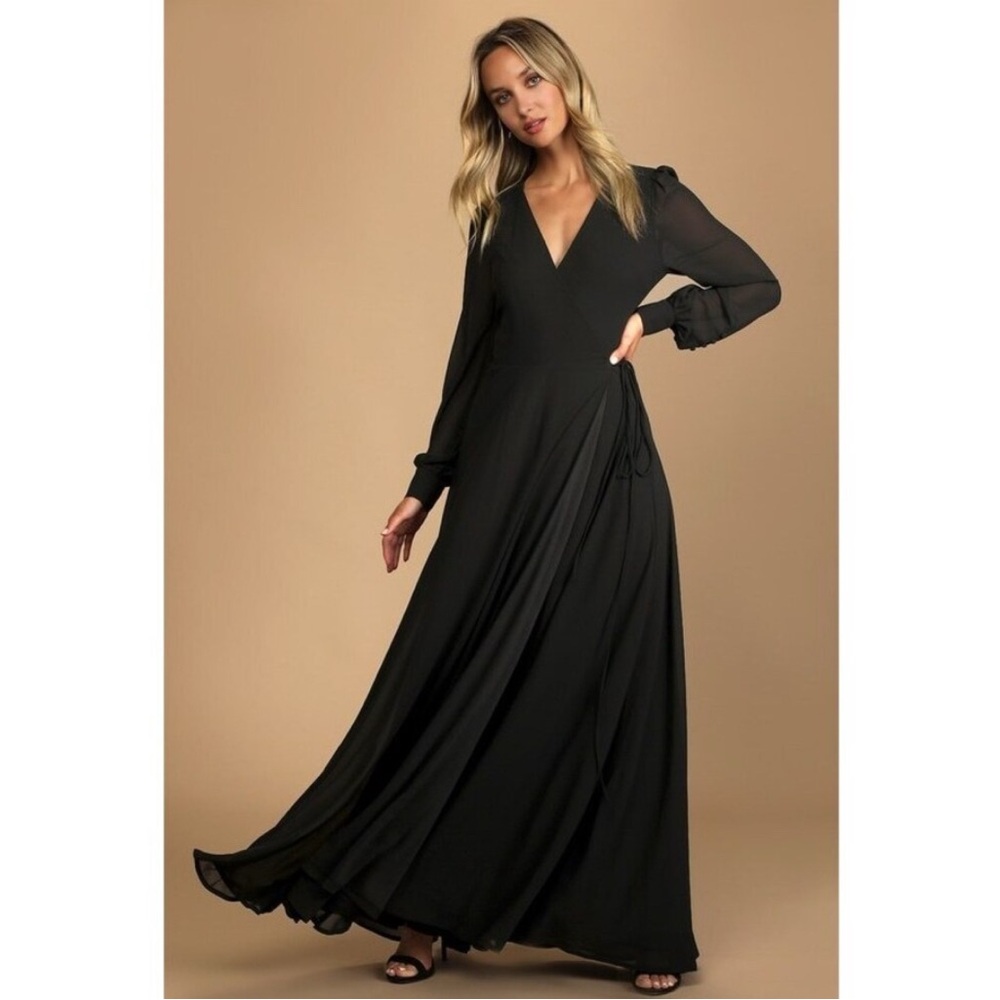 Lulu's Black Long Sleeve V-Neck Maxi Wrap Dress